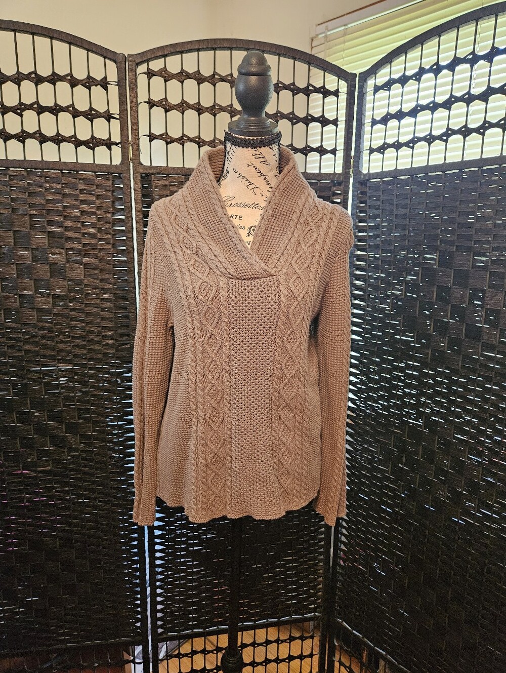 Jean Pierre Taupe Cable Knit Cowl Neck Sweater